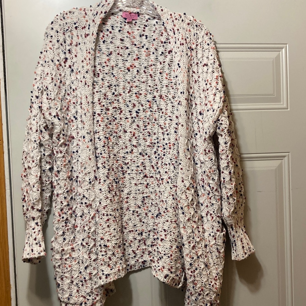 miami Cream Open Knit Cardigan with Red, Navy,‎ and Pink Specks XS